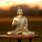Handcrafted golden Buddha statue sitting in lotus position