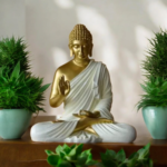 White ceramic Buddha idol with peaceful expression for living room