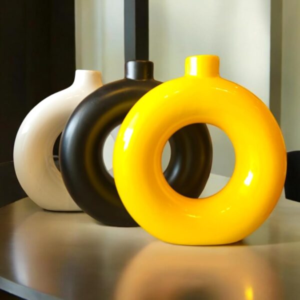 ARTISANS BAZAR Ceramic (Black,Yellow & White Combo) Donut Ring Vase