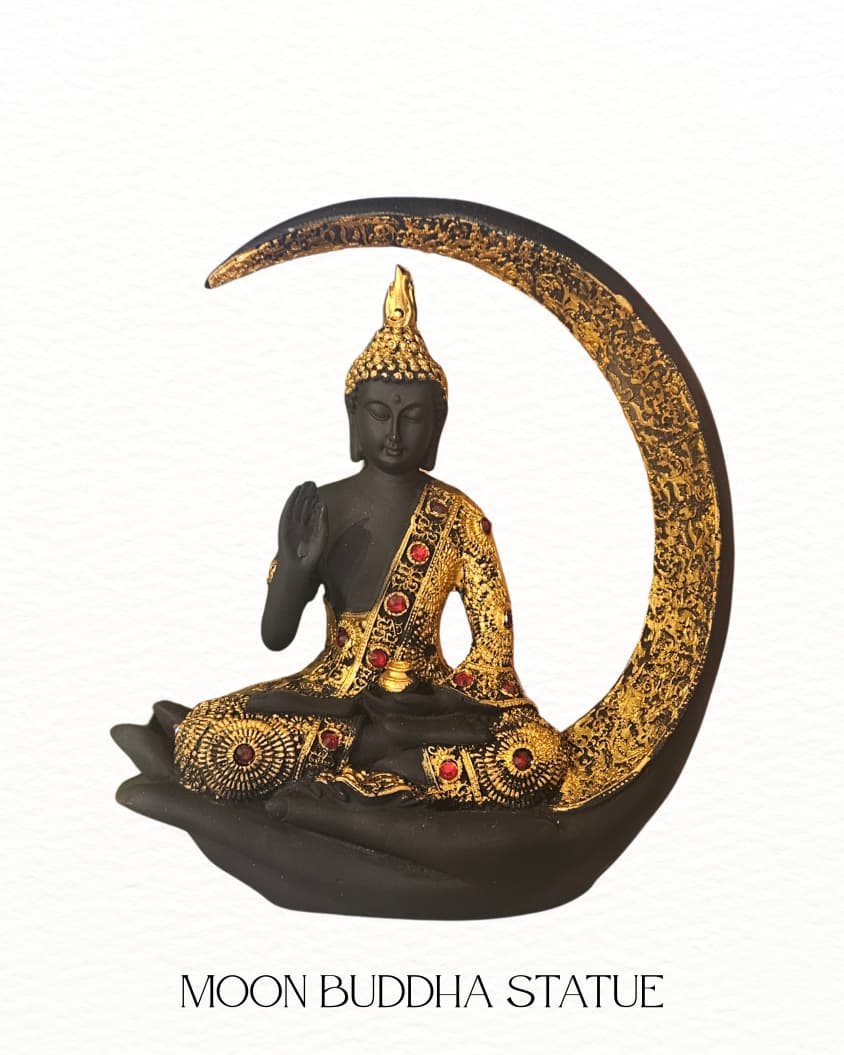 Buddha_idol_for_gifting6 Big Meditating Moon Buddha Statue Showpiece for Home Decor - Living Room - House Warming - Office - Gifting - Buddha Idol Polyresin Decorative Figurine (10 INCH, Black, Gold) - Image 1