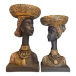 Set of 2 Polyresin African Lady Idol for Home Decor | Decorative Tribal Woman Holding Bowl Showpiece | Modern Art Accent for Living Room Table Console Office