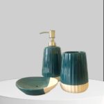 Ceramic Liquid Soap Dispenser Set with Soap Dish and Toothbrush Stand, Leak-Proof, Silver Glossy Finish, BPA-Free Pump, for Wash Basin (Green & White)