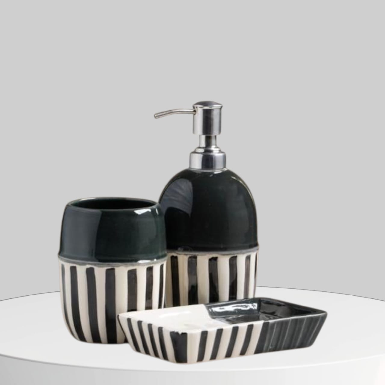 WhatsApp Image 2026-04-09 at 10.22.37 PM Ceramic Liquid Soap Dispenser Set with Soap Dish and Toothbrush Stand, Leak-Proof, Silver Glossy Finish, BPA-Free Pump, for Wash Basin (Grey and White) - Image 1