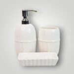 Ceramic Liquid Soap Dispenser Set with Soap Dish and Toothbrush Stand, Leak-Proof, Silver Glossy Finish, BPA-Free Pump, for Wash Basin (White)
