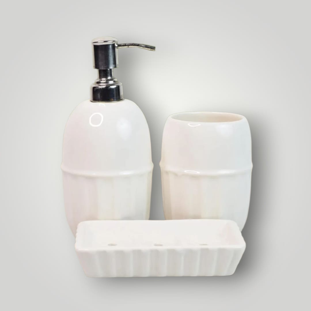 WhatsApp Image 2026-04-09 at 10.22.39 PM Ceramic Liquid Soap Dispenser Set with Soap Dish and Toothbrush Stand, Leak-Proof, Silver Glossy Finish, BPA-Free Pump, for Wash Basin (White) - Image 1
