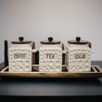 Ceramic Tea Coffee Sugar Canister Set with Wooden Lids, 3-Piece Kitchen Storage Containers, Premium Jars for Hotels, Restaurants, Cafe (WHITE 1, 500 M)