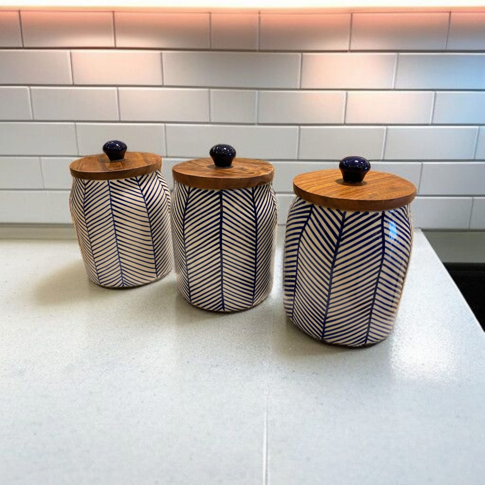 tea_coffee_sugar_set_34 Artisans Bazar Blue Set of 3 Ceramic Canister Container with Lids & Holding Tray - Image 1